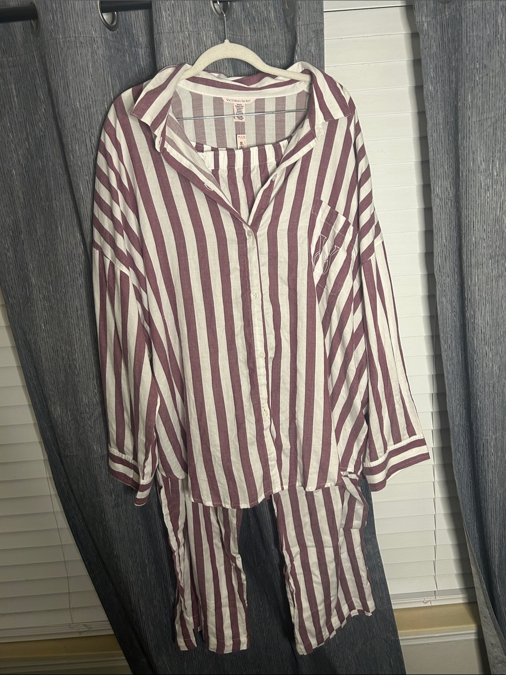 Victoria's Secret Burgundy and Cream Striped Two-Piece Pajama Set